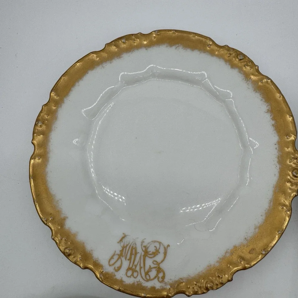 Antique 1909 Set 4 La Seynie P&P Limoges Plates Lycetts Decorators Gold Monogram